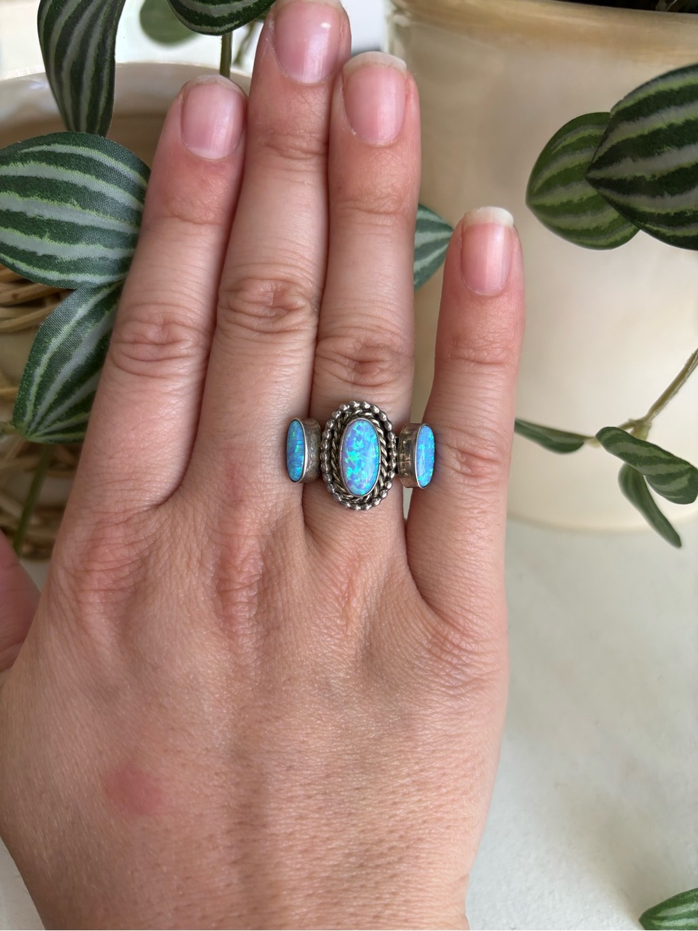Handmade Navajo Sterling Silver Triple Blue Fire Opal Ring
